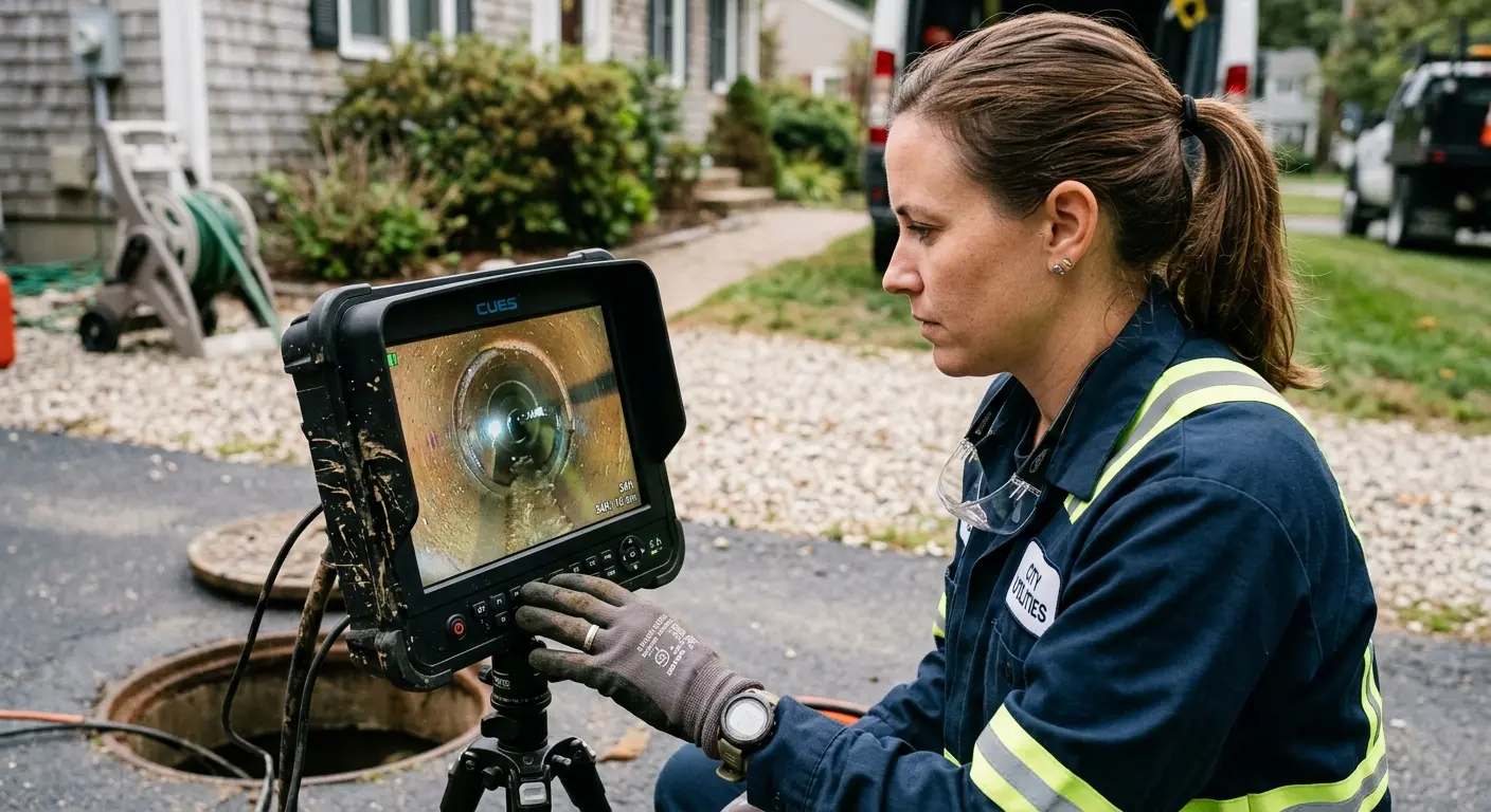 Technician reviewing sewer camera inspection footage in Newburgh