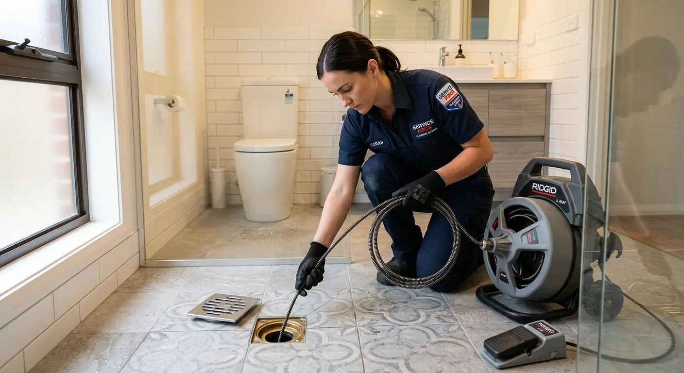 Technician clearing a bathroom floor drain for Drain Cleaning in Newburgh